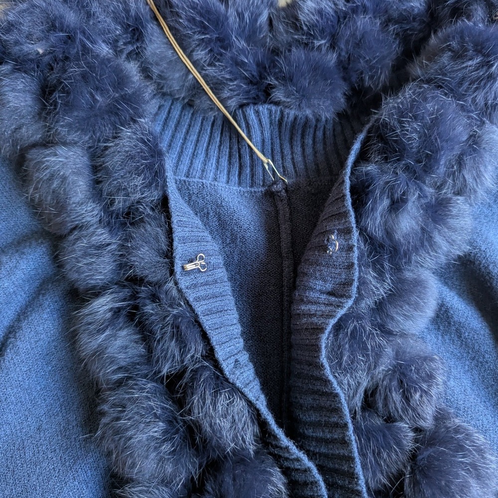 Pinka Navy Blue Faux Fur Trim Knit Cape Poncho Wrap Vintage Inspired NWT YS8426 - Picture 5 of 7